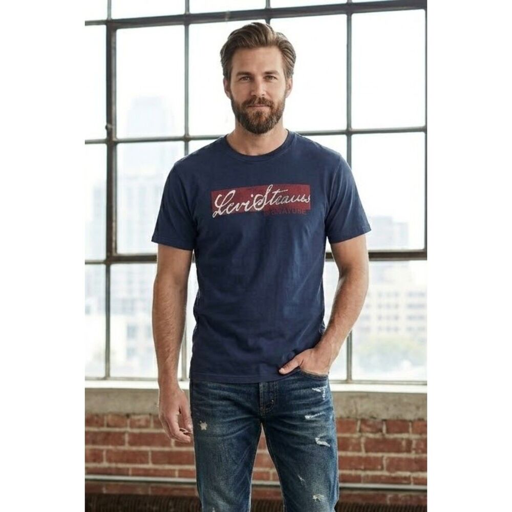 Vintage Levi Strauss T Shirt Logo Front Spell Out Signature Text Back M Blue